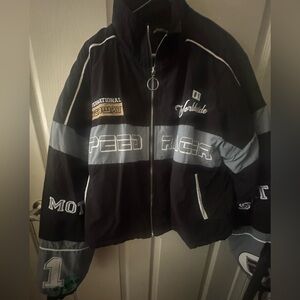 pretty little things blackover sized graphic zipped racer bomber jacket